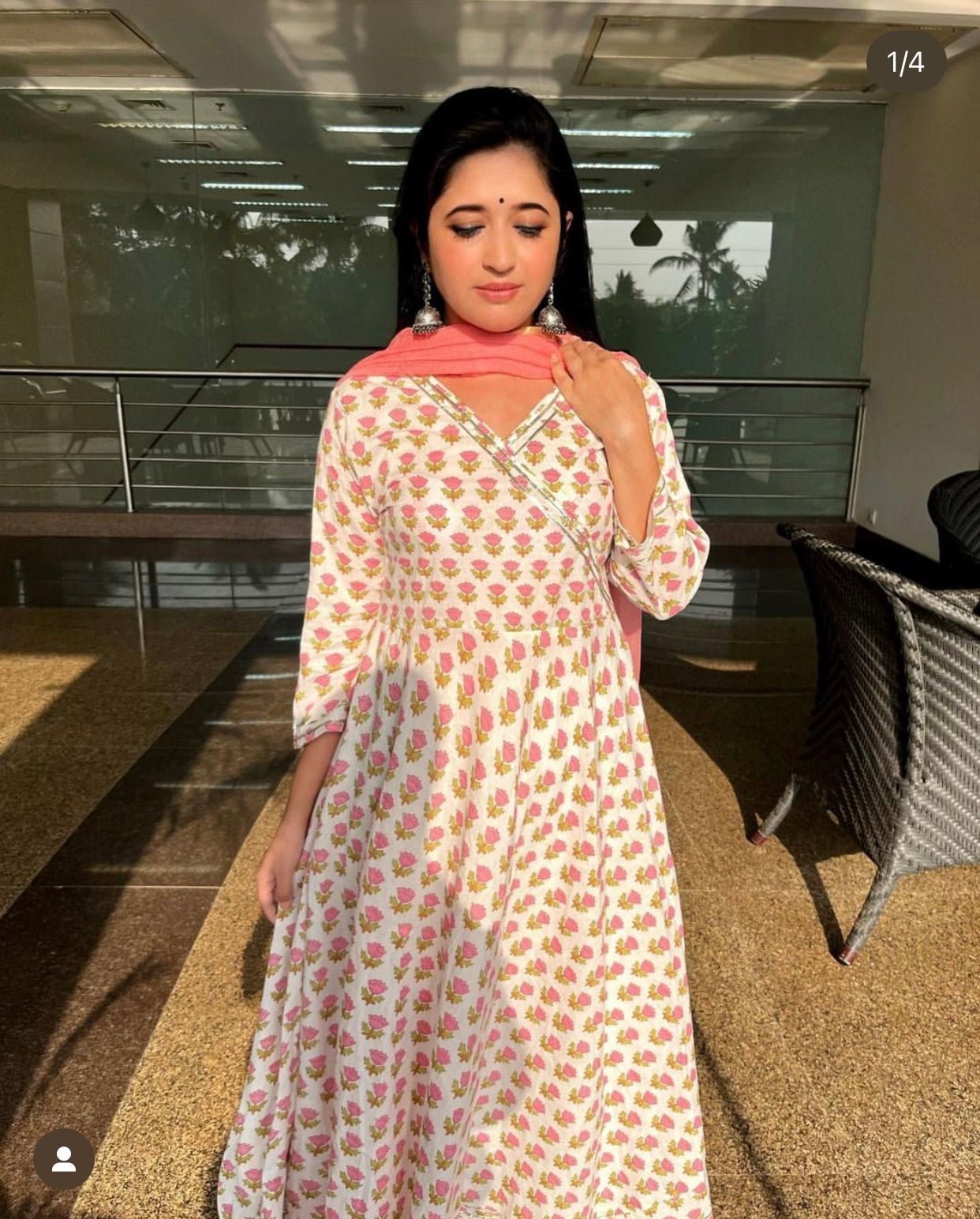 Pink Buds Anarkali Cotton Suit (Set Of 3)