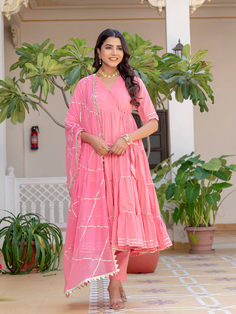 Pink tier Rangrez anarkali angrakha suit set