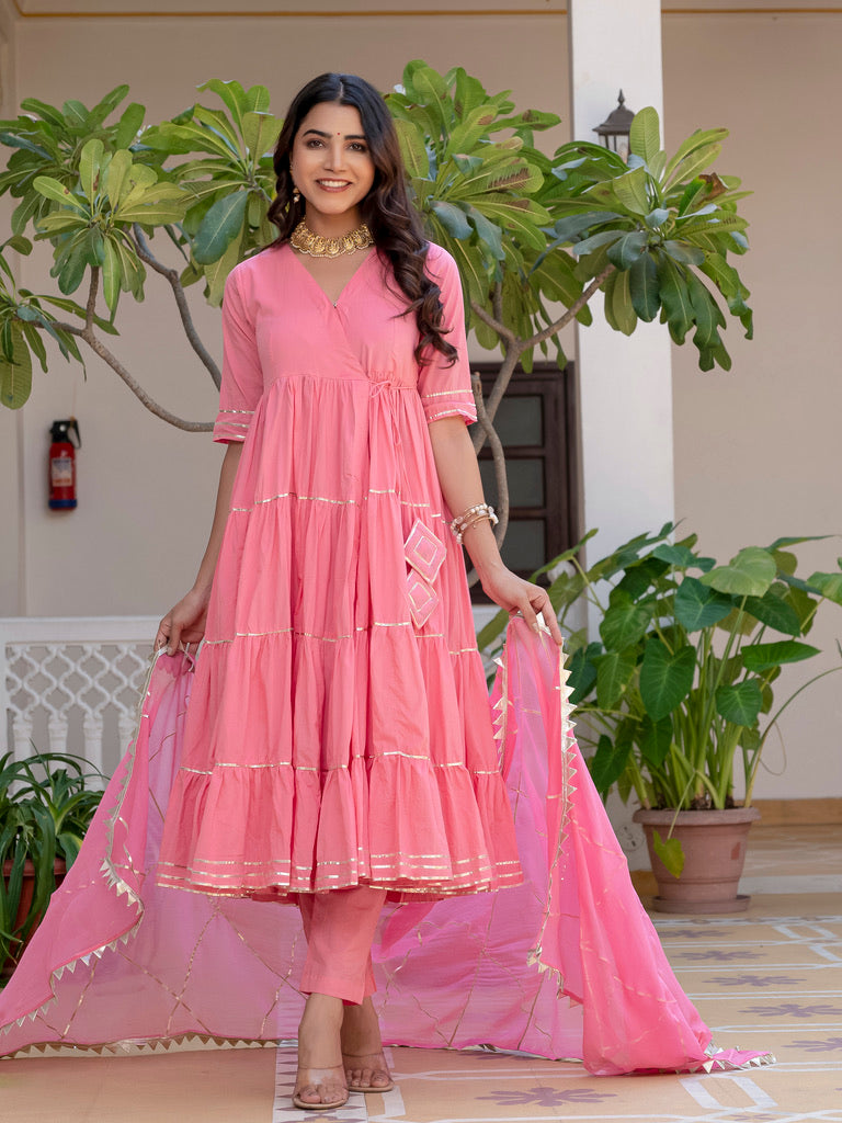 Pink tier Rangrez anarkali angrakha suit set