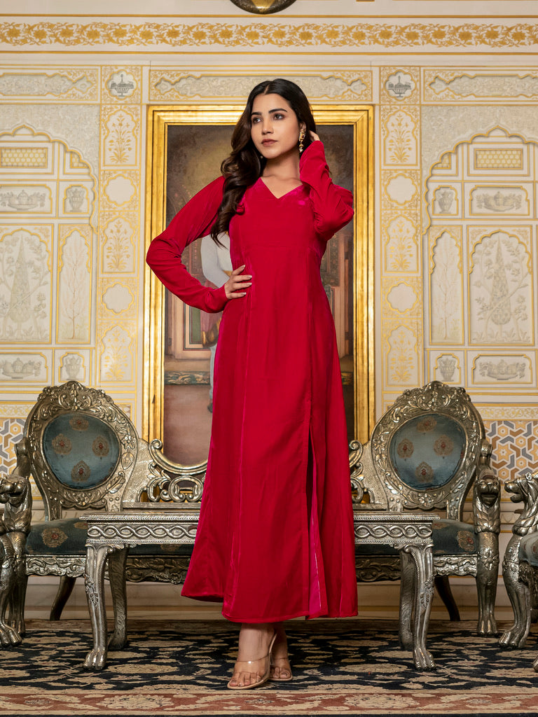 Magenta velvet slit dress