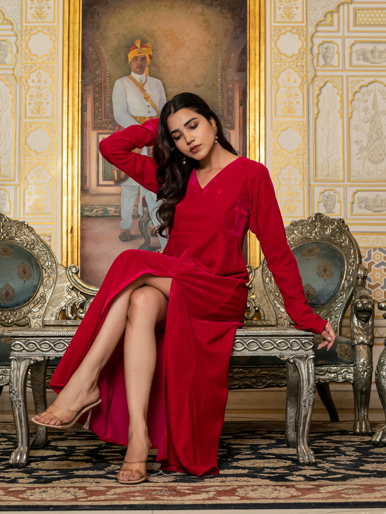 Magenta velvet slit dress