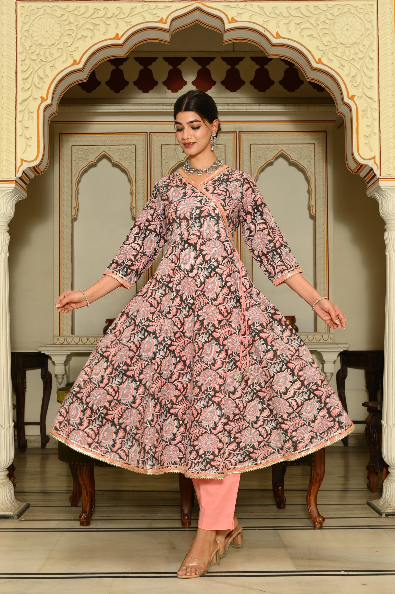 Black And Peach Kalamkari Anarkali Hand-Block Cotton suit (Set of 3)