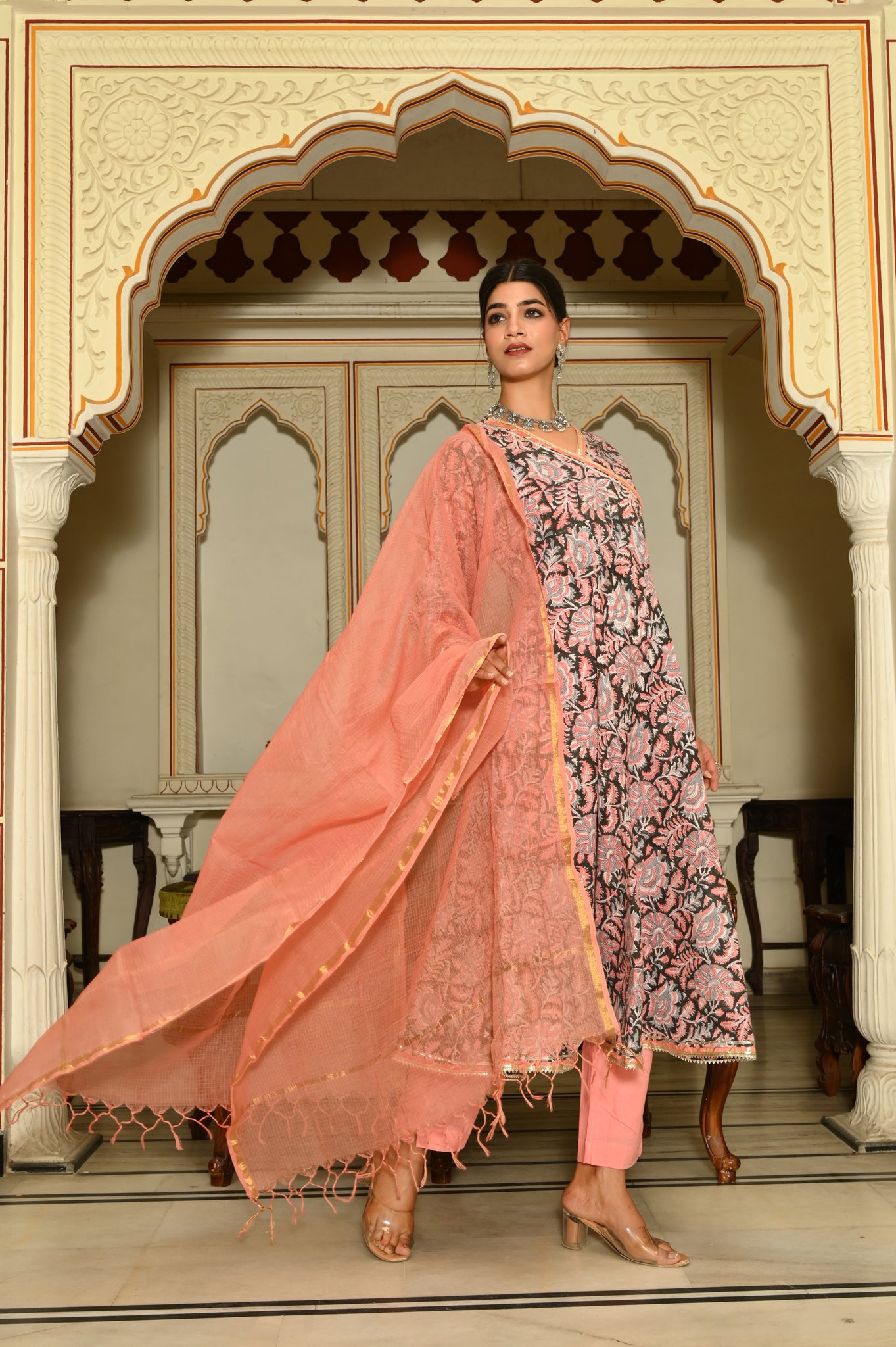 Black And Peach Kalamkari Anarkali Hand-Block Cotton suit (Set of 3)
