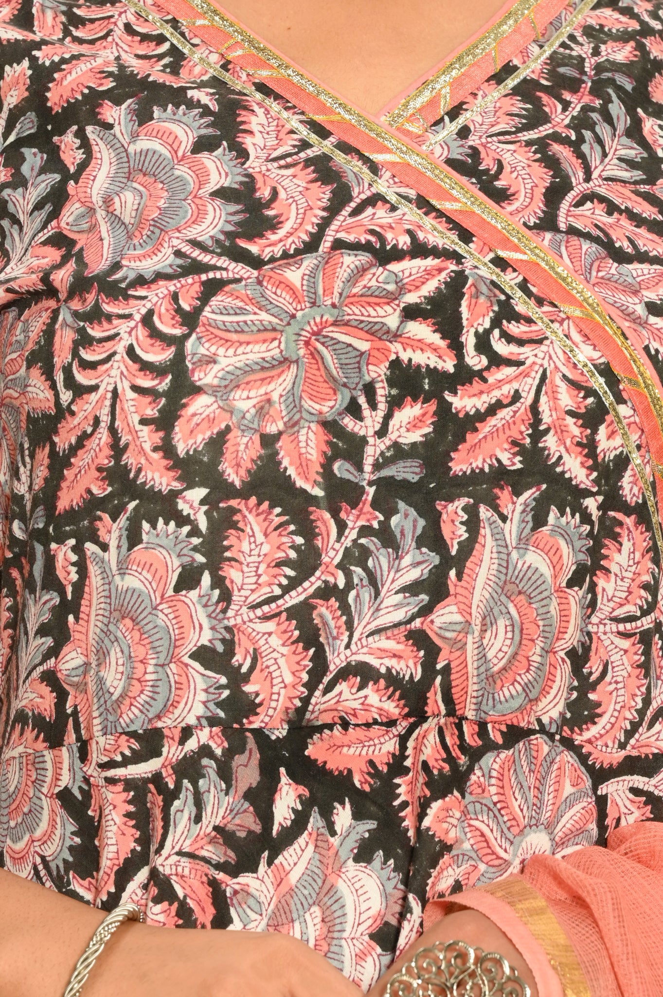 Black And Peach Kalamkari Anarkali Hand-Block Cotton suit (Set of 3)