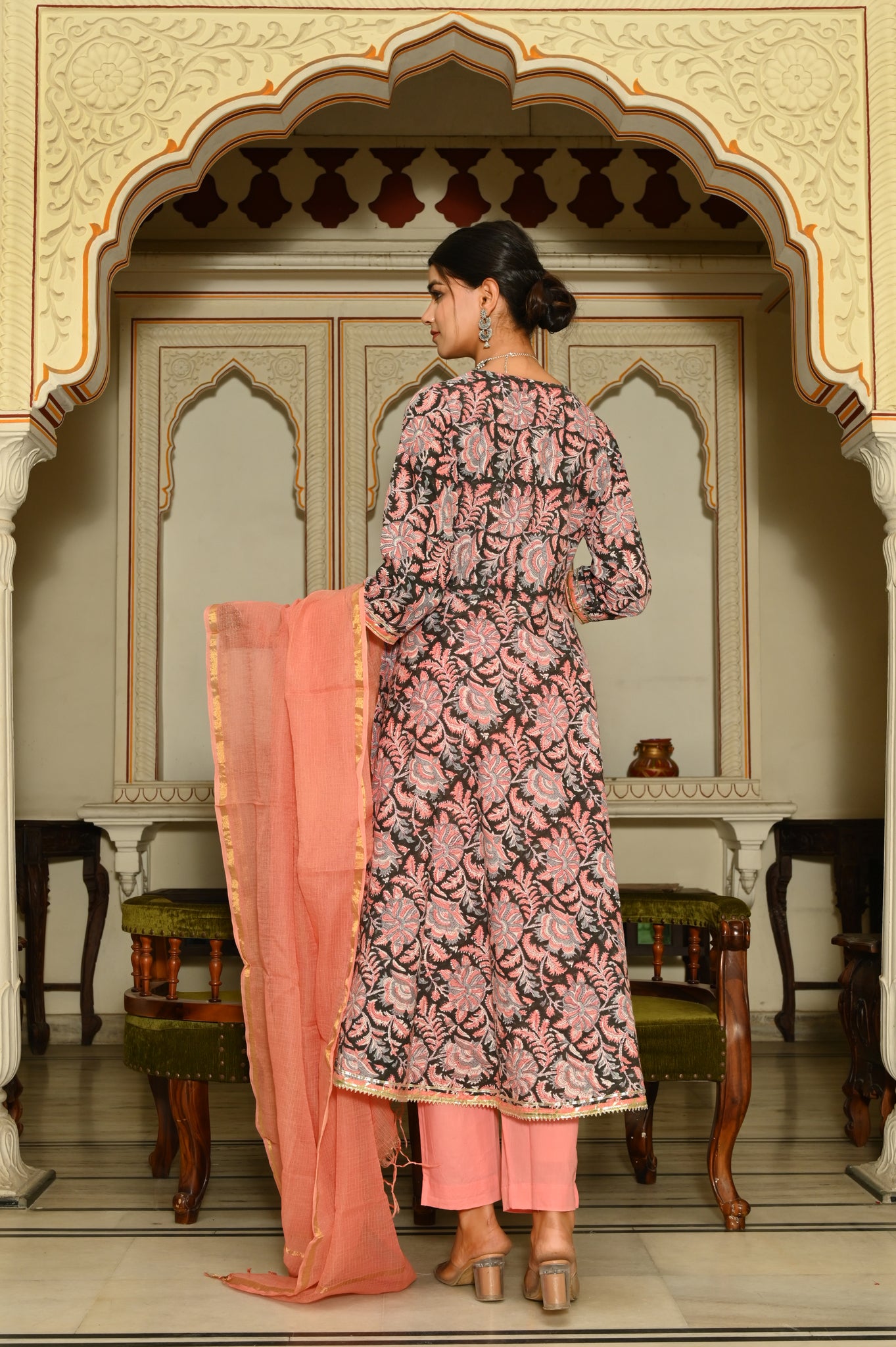 Black And Peach Kalamkari Anarkali Hand-Block Cotton suit (Set of 3)