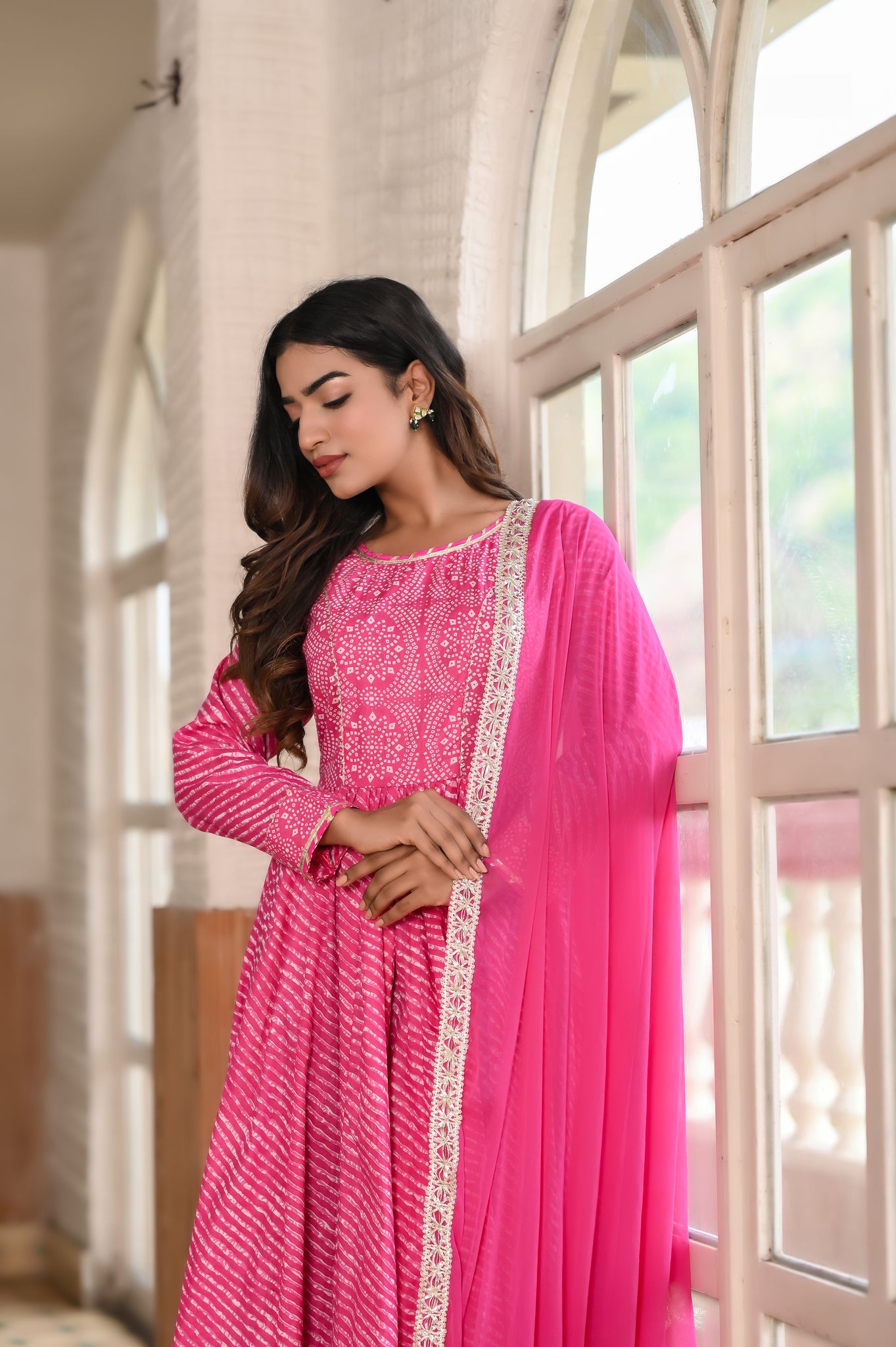 Pink Traditional Leheriya-Bandhej Cotton Dress