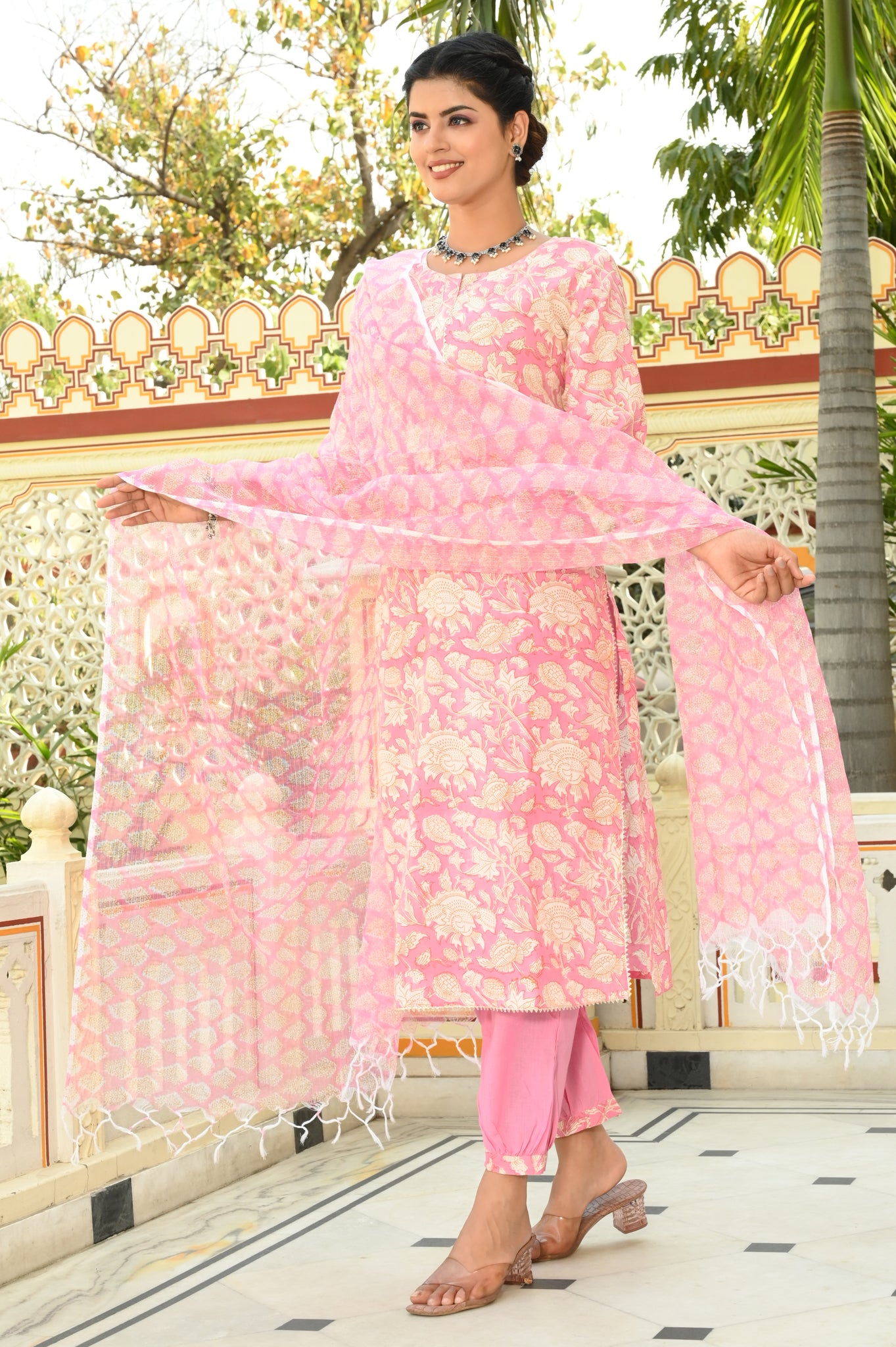 Blush Bloom Symphony Hand-Block Suit Set