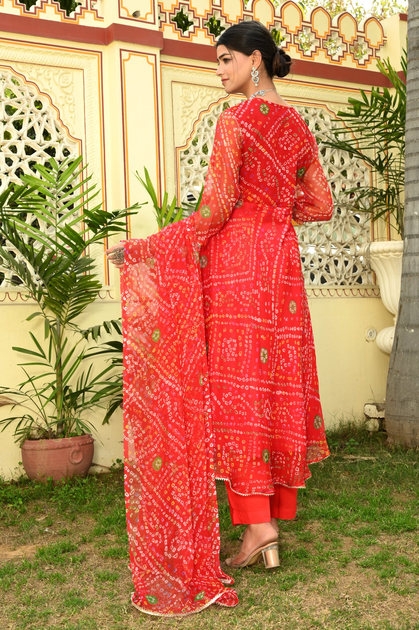 Red Bandhej Georgette Anarkali Suit (Set of 3)