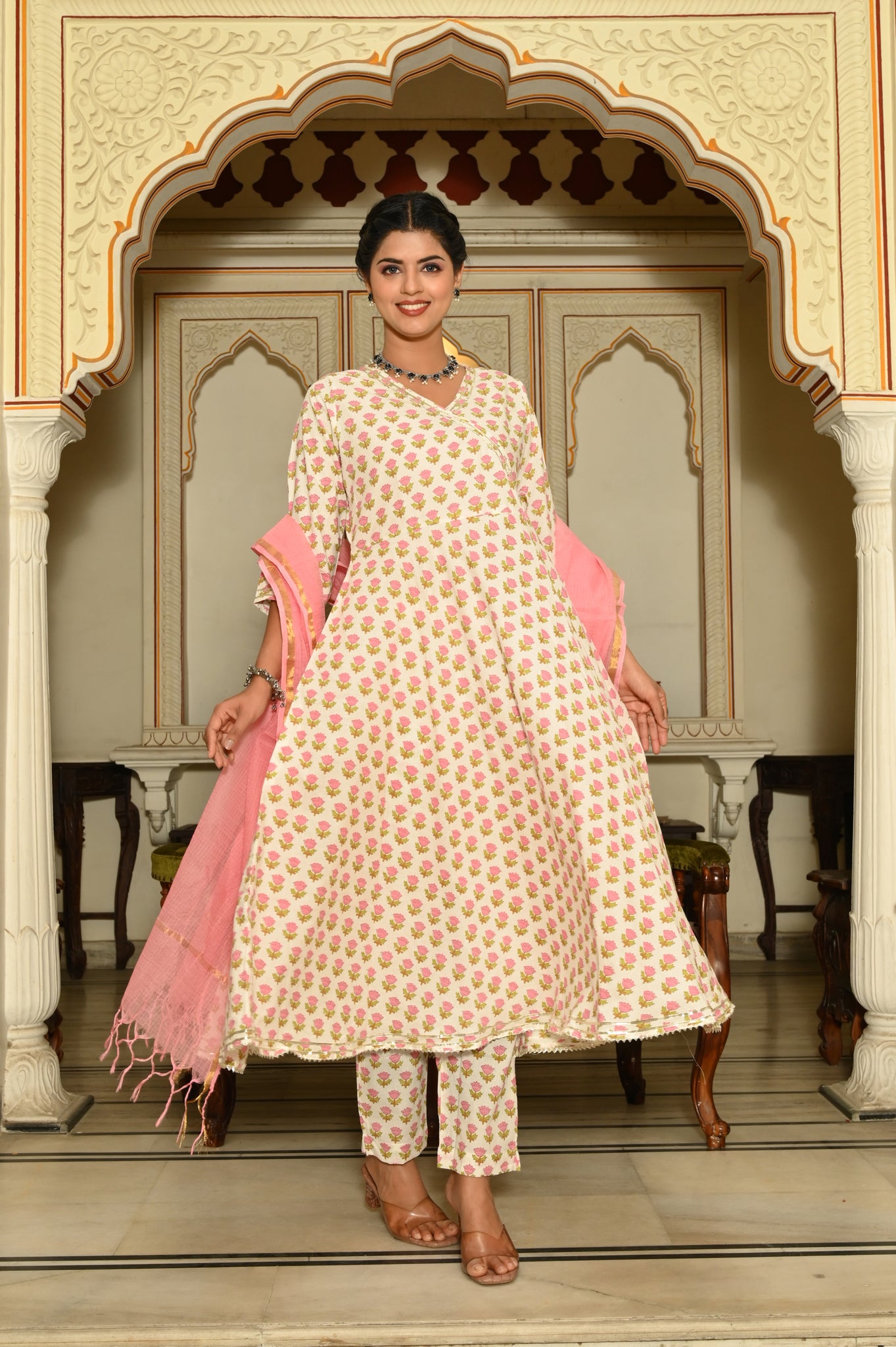 Pink Buds Anarkali Cotton Suit (Set Of 3)