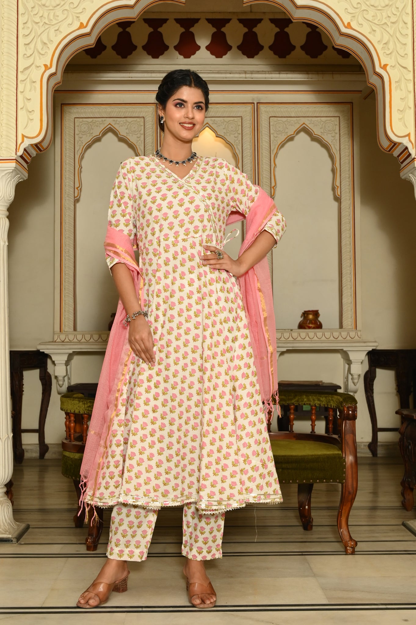 Pink Buds Anarkali Cotton Suit (Set Of 3)