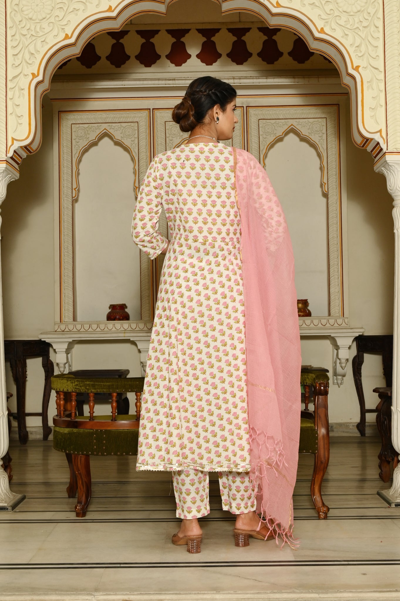 Pink Buds Anarkali Cotton Suit (Set Of 3)