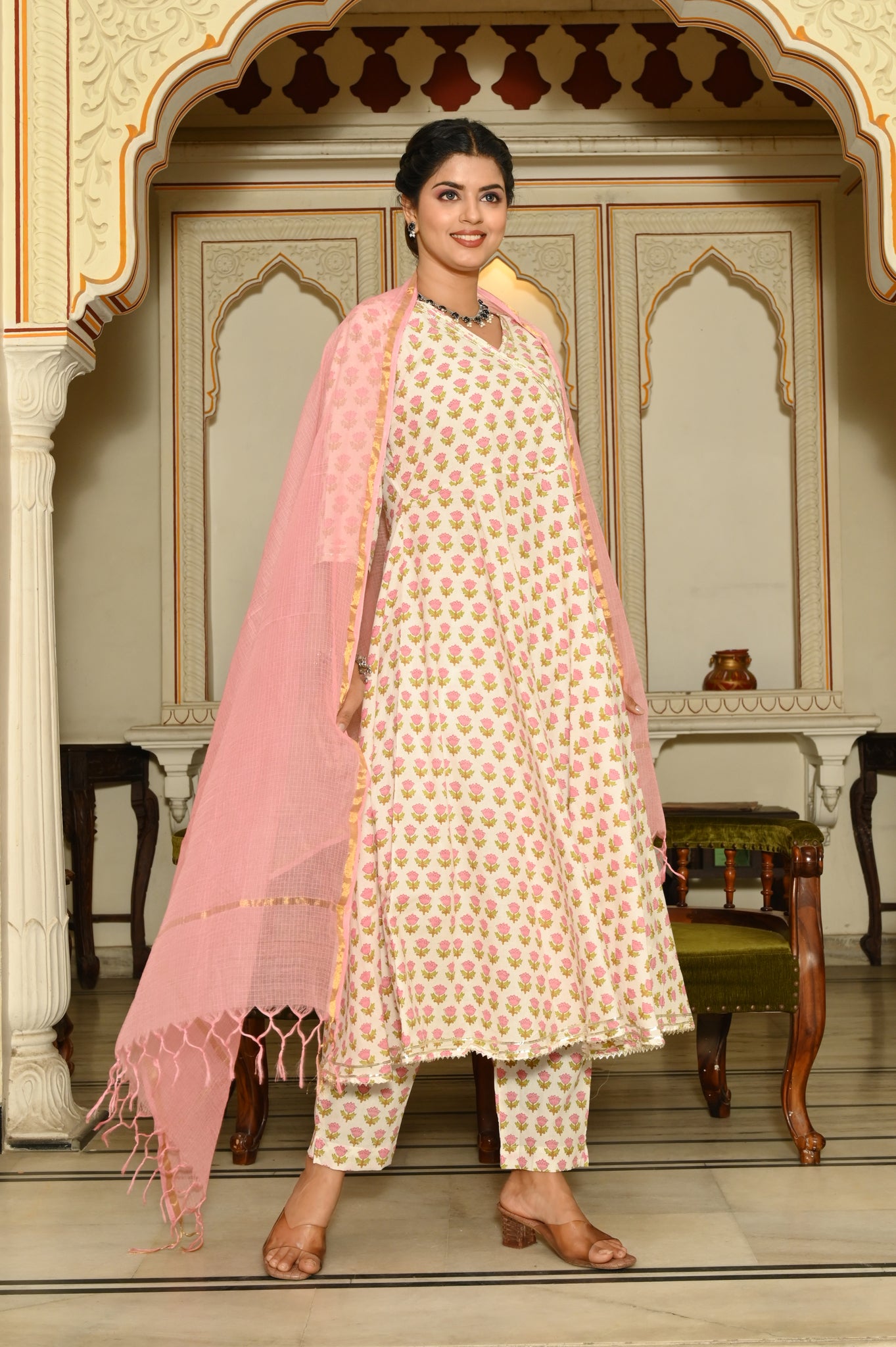Pink Buds Anarkali Cotton Suit (Set Of 3)
