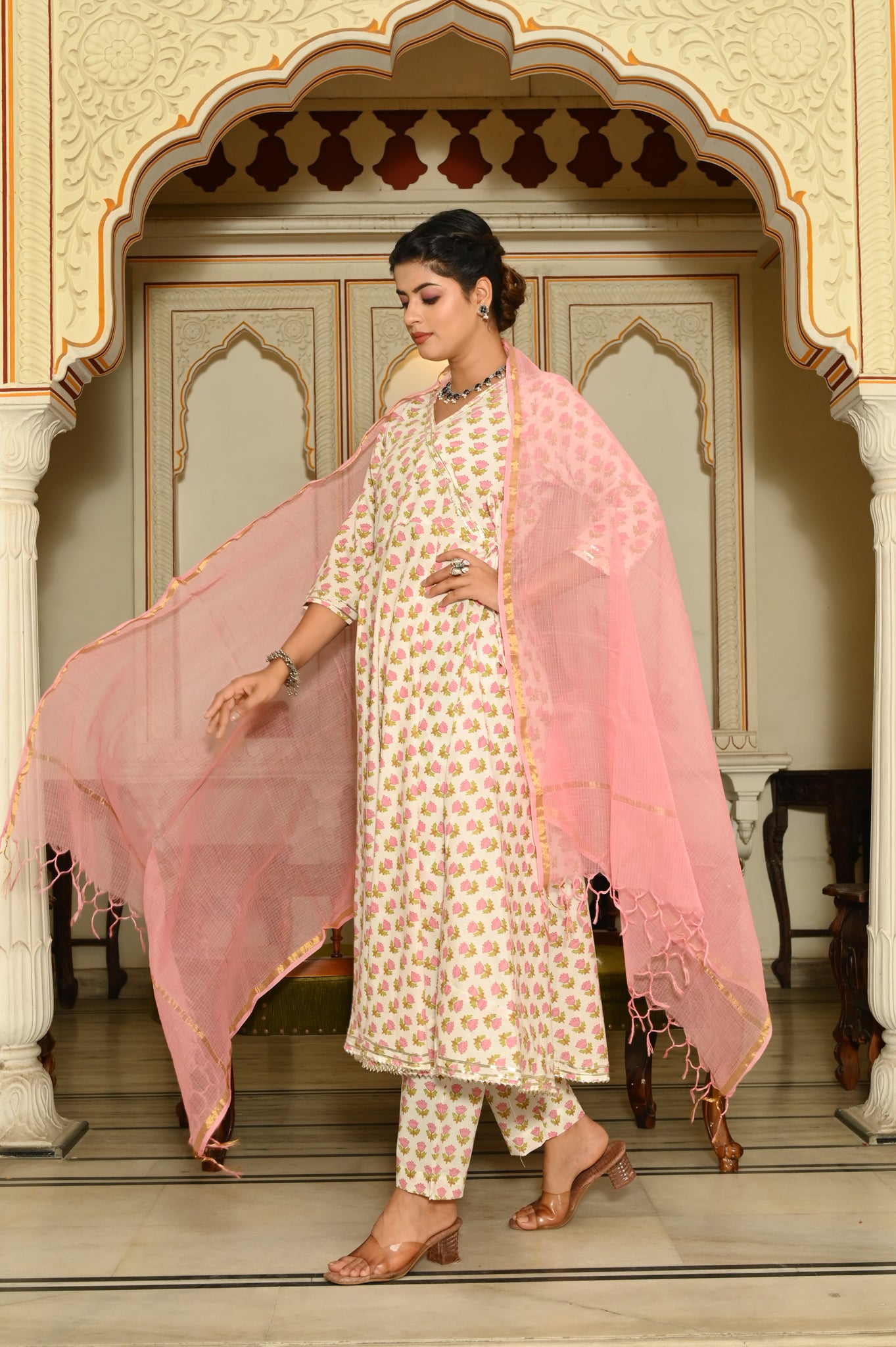 Pink Buds Anarkali Cotton Suit (Set Of 3)