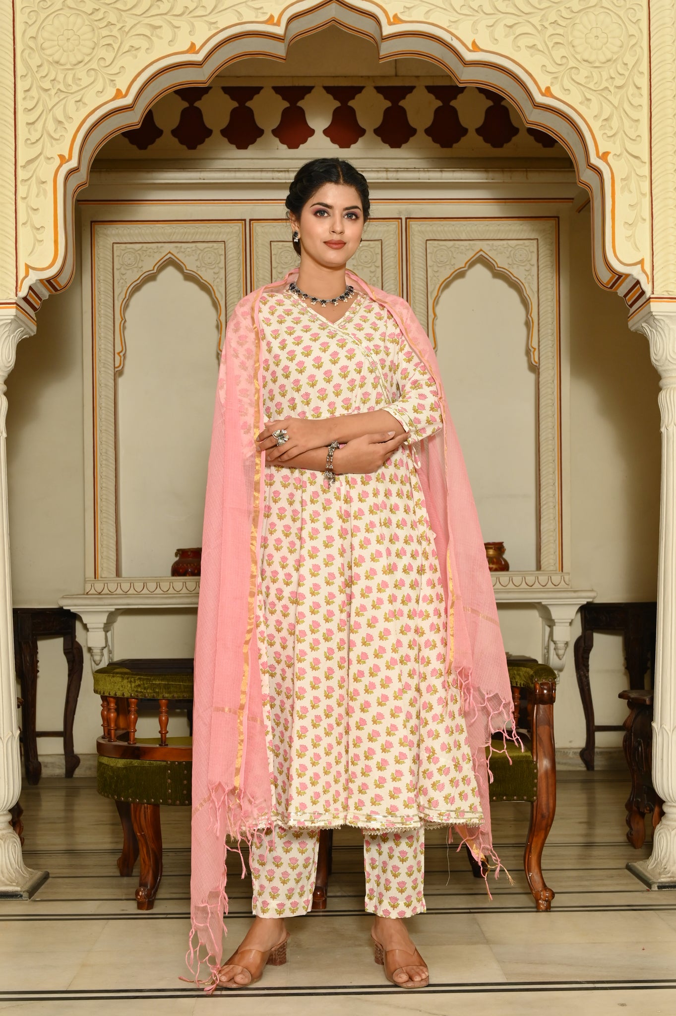 Pink Buds Anarkali Cotton Suit (Set Of 3)