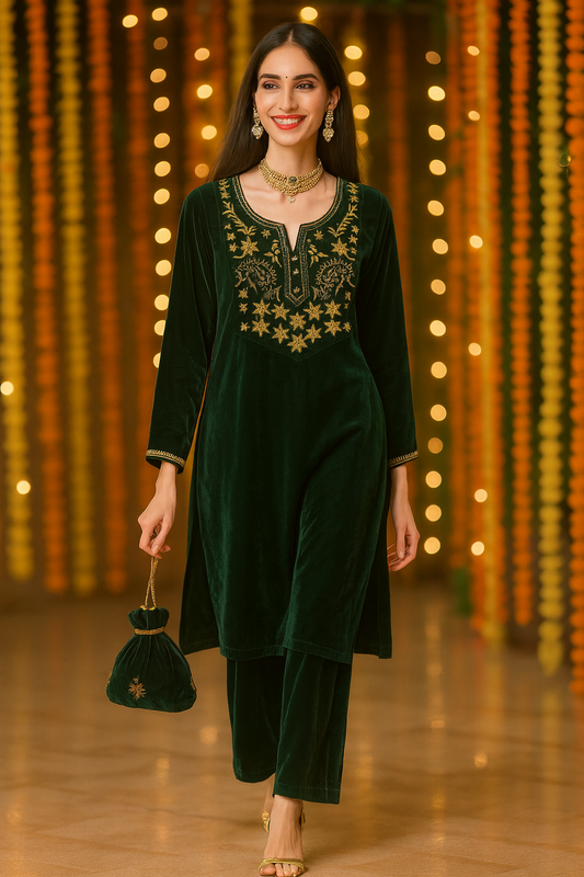 Emerald Green Yoke Zari Embroidered Kurta Set with Potli
