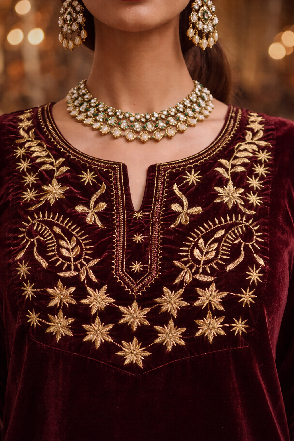 Wine Velvet Yoke Zari Embroidered Kurta set with potli