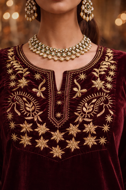Wine Velvet Yoke Zari Embroidered Kurta set with potli