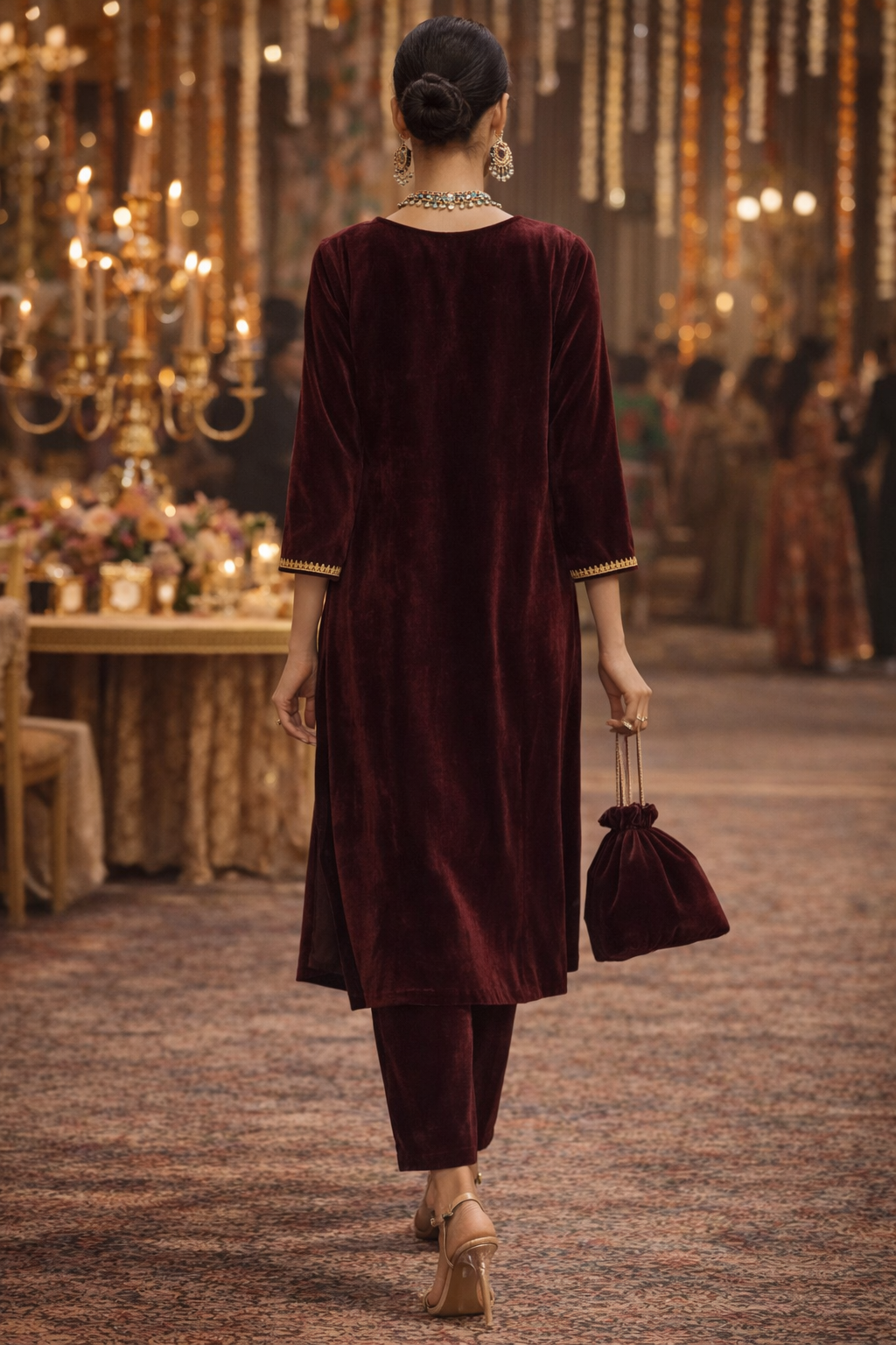 Wine Velvet Yoke Zari Embroidered Kurta set with potli