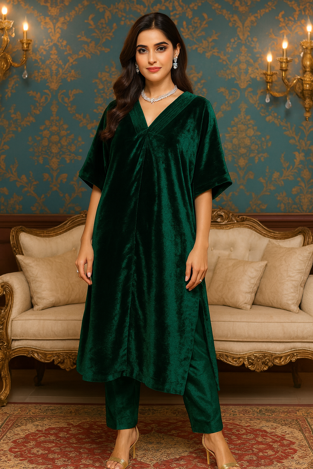 Emerald Green Velvet Kaftan Set