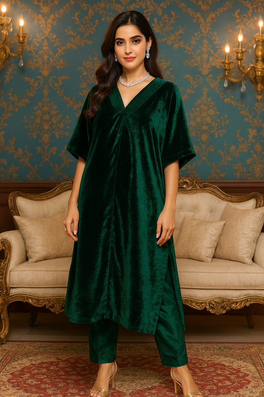 Emerald Green Velvet Kaftan Set