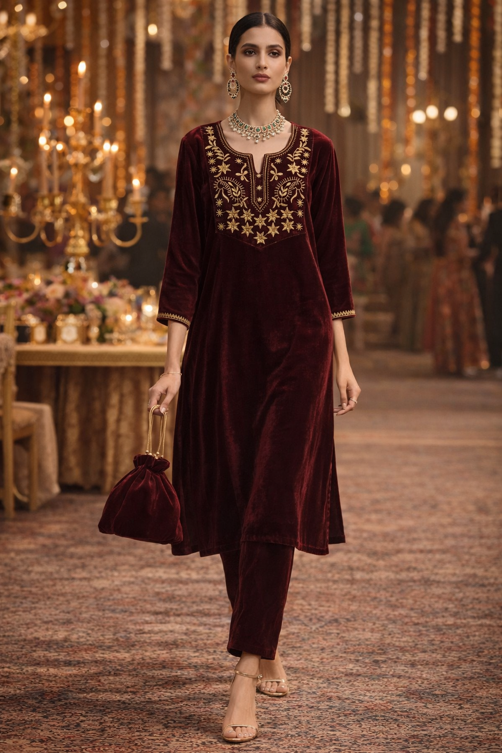 Wine Velvet Yoke Zari Embroidered Kurta set with potli