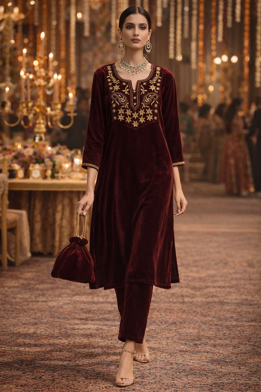 Wine Velvet Yoke Zari Embroidered Kurta set with potli