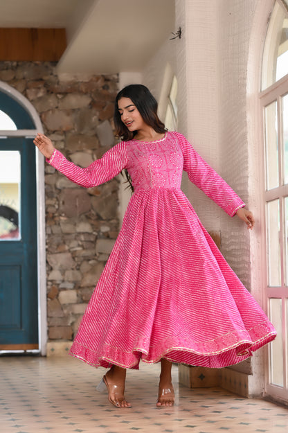 Pink Traditional Leheriya-Bandhej Cotton Dress