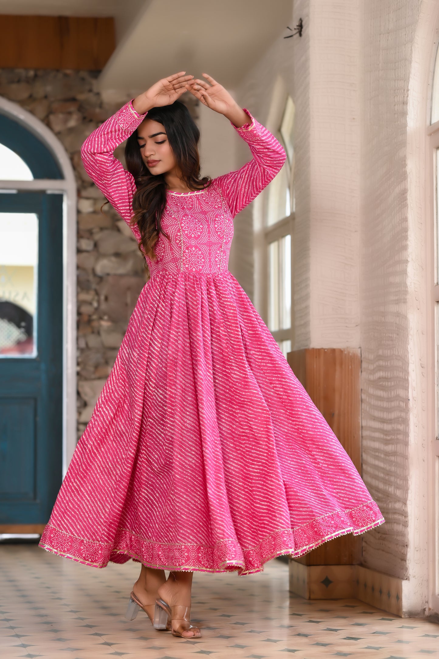 Pink Traditional Leheriya-Bandhej Cotton Dress