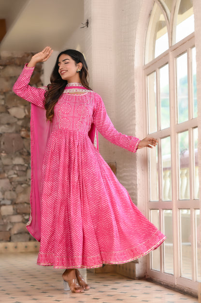Pink Traditional Leheriya-Bandhej Cotton Dress
