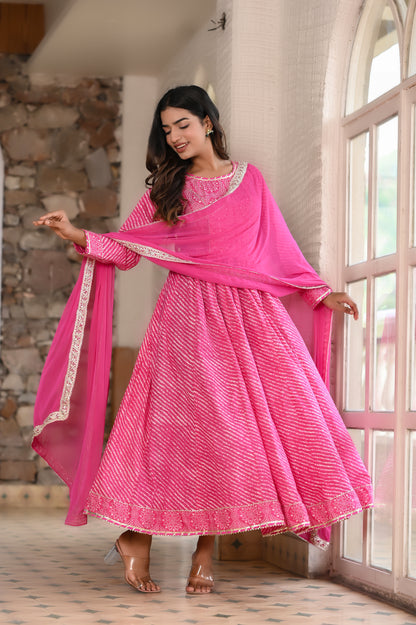 Pink Traditional Leheriya-Bandhej Cotton Dress