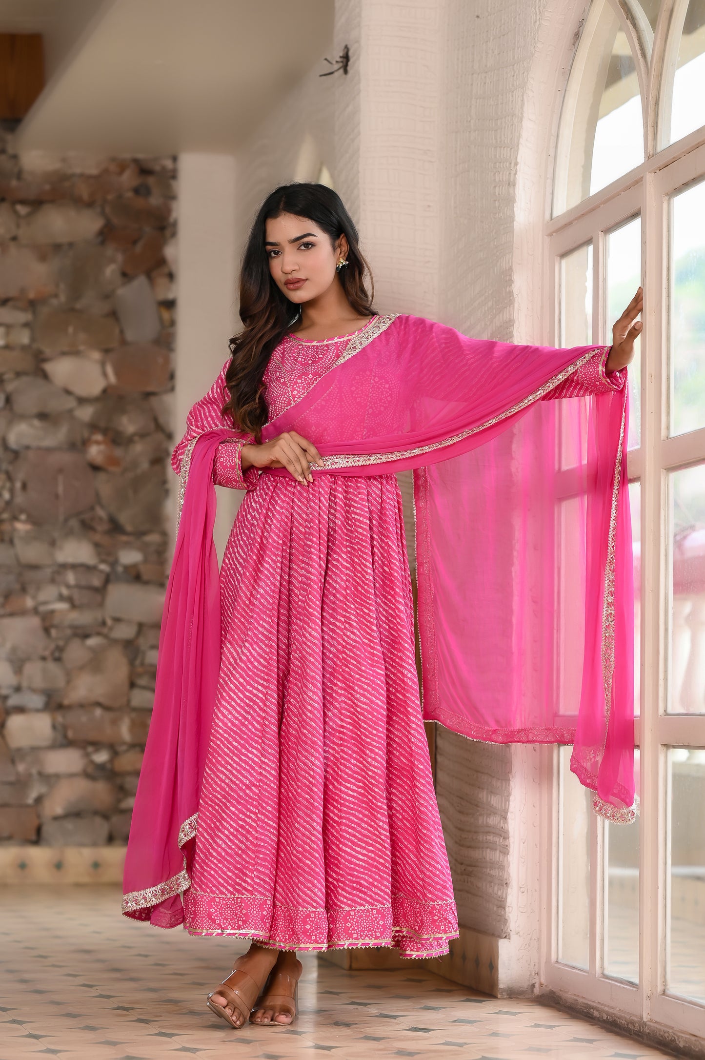 Pink Traditional Leheriya-Bandhej Cotton Dress