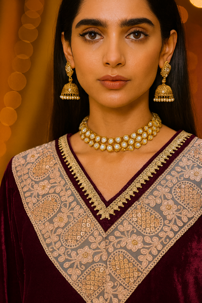 Maroon Embroidered Velvet Co-ord Set