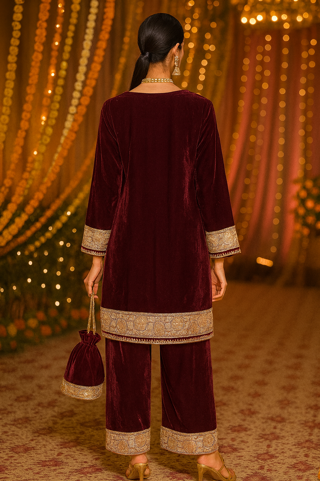 Maroon Embroidered Velvet Co-ord Set