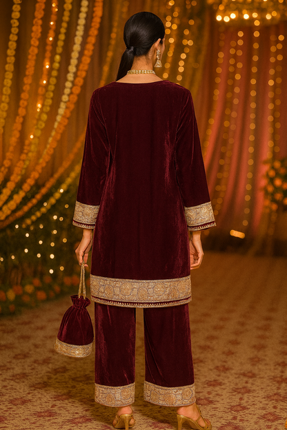 Maroon Embroidered Velvet Co-ord Set