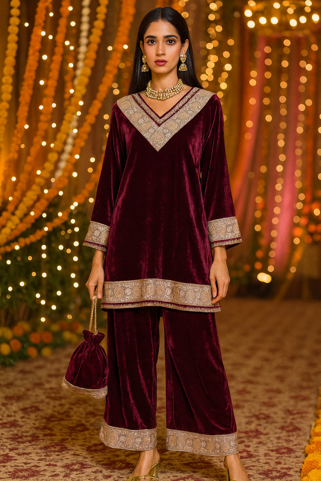 Maroon Embroidered Velvet Co-ord Set