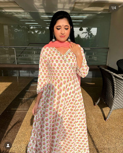 Pink Buds Anarkali Cotton Suit (Set Of 3)