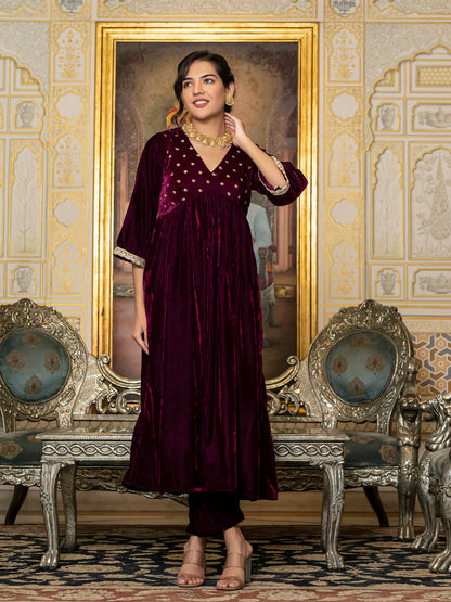 wine sequin velvet kurta set