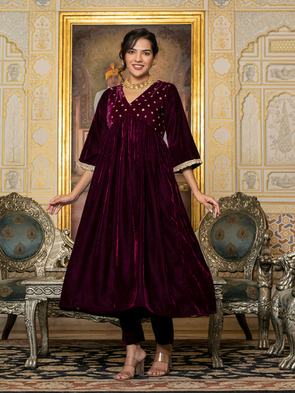 wine sequin velvet kurta set
