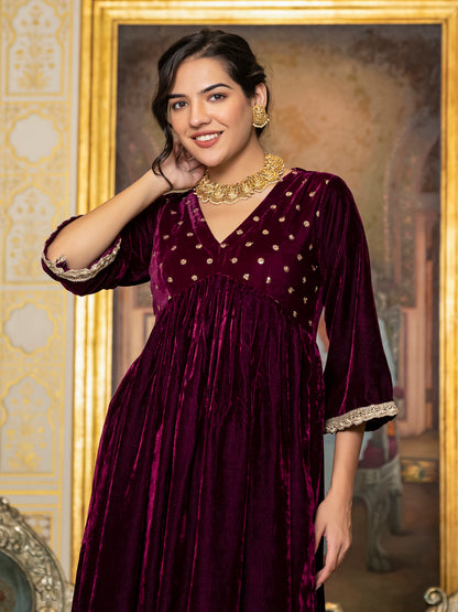 wine sequin velvet kurta set