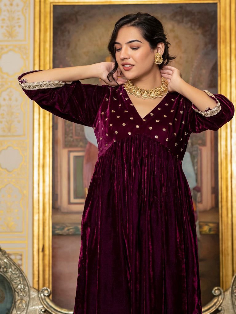 wine sequin velvet kurta set