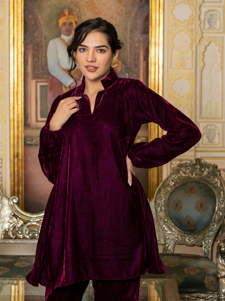 Wine collared velvet co-ord set