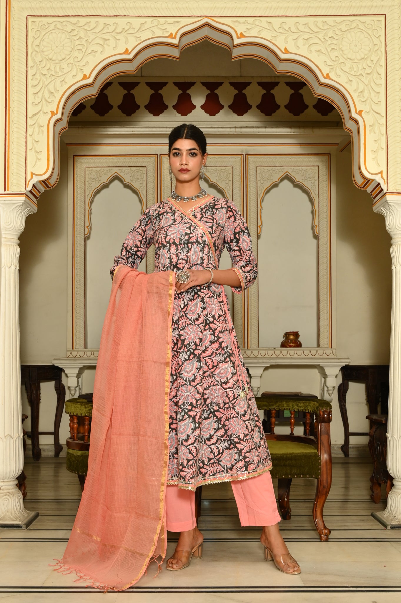Black And Peach Kalamkari Anarkali Hand-Block Cotton suit (Set of 3)