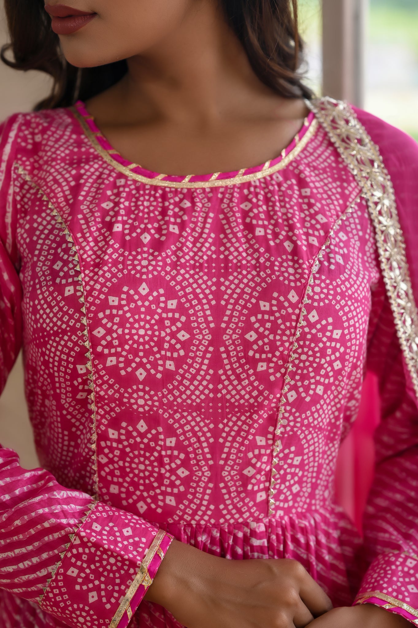 Pink Traditional Leheriya-Bandhej Cotton Dress
