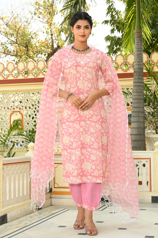 Blush Bloom Symphony Hand-Block Suit Set