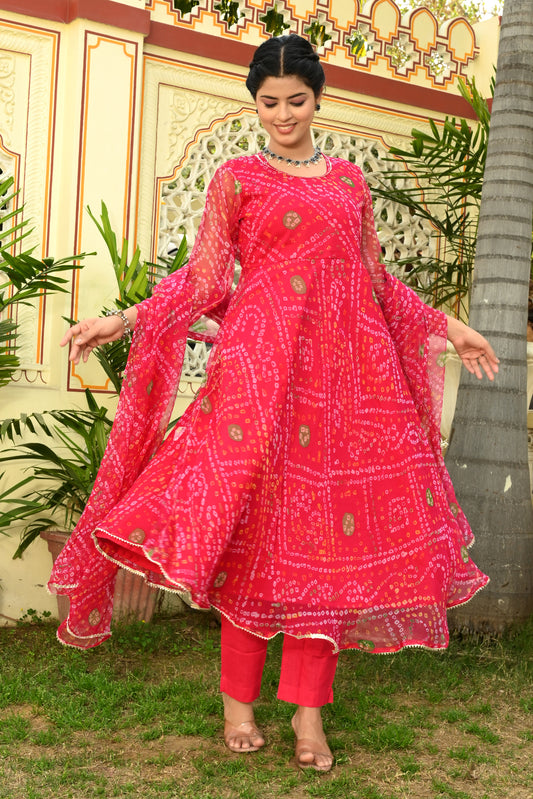 Raani Bandhej Georgette Anarkali Suit (Set of 3)
