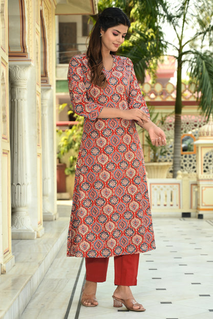 Maroon Ajrakh Printed Cotton Kurta Pants (Set of 2)