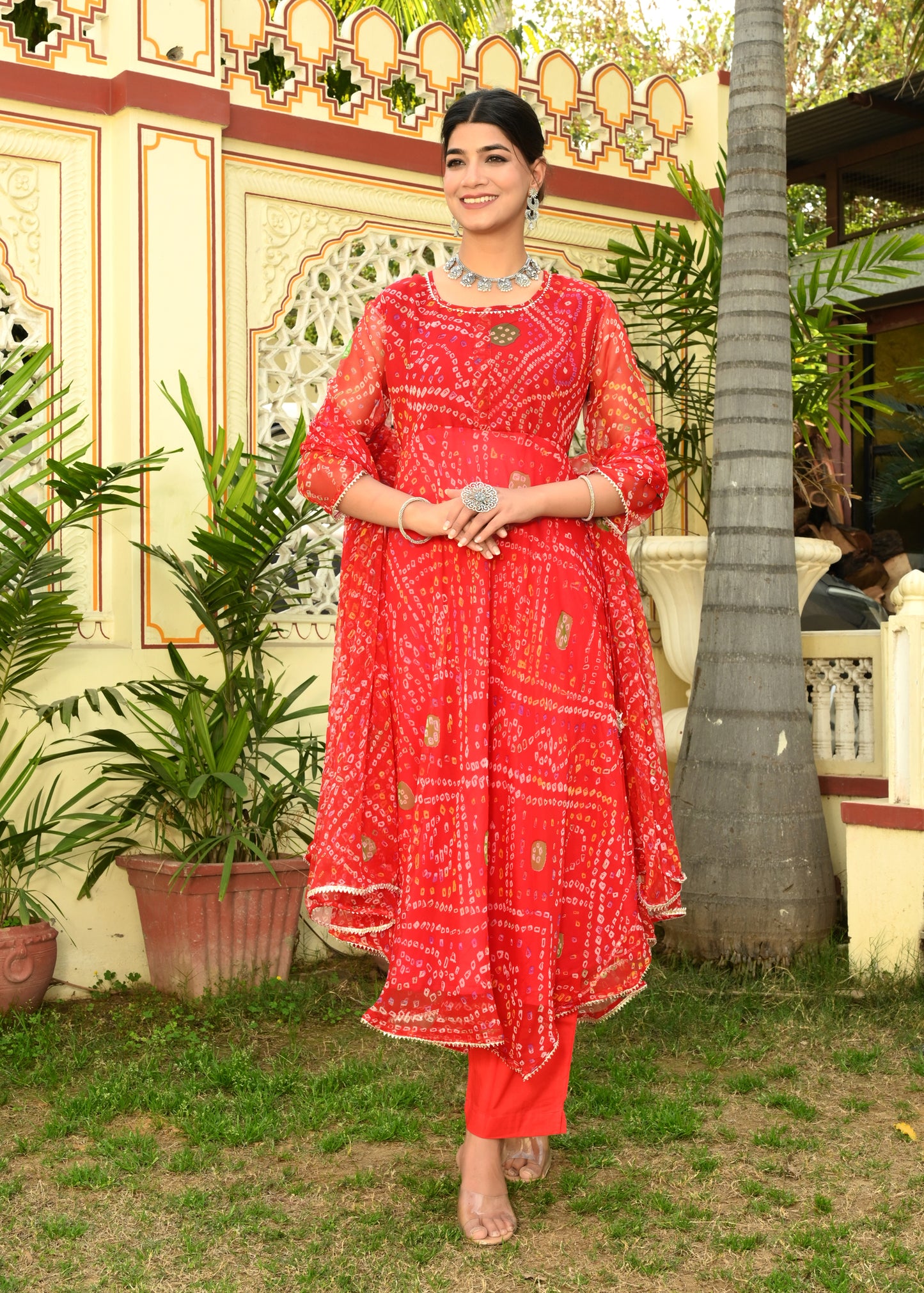 Red Bandhej Georgette Anarkali Suit (Set of 3)