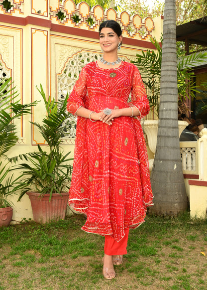 Red Bandhej Georgette Anarkali Suit (Set of 3)