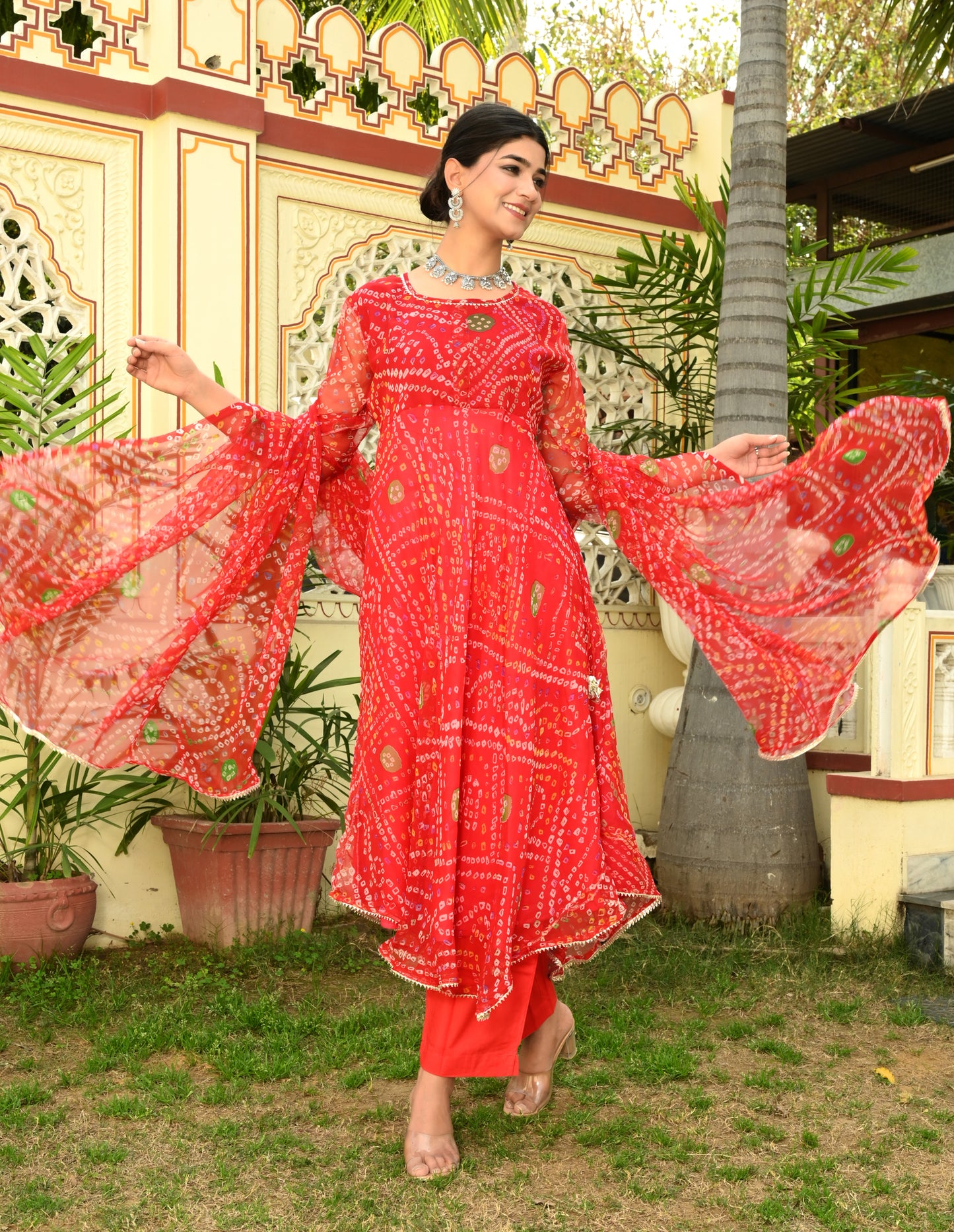 Red Bandhej Georgette Anarkali Suit (Set of 3)