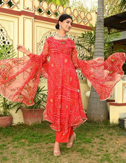 Red Bandhej Georgette Anarkali Suit (Set of 3)